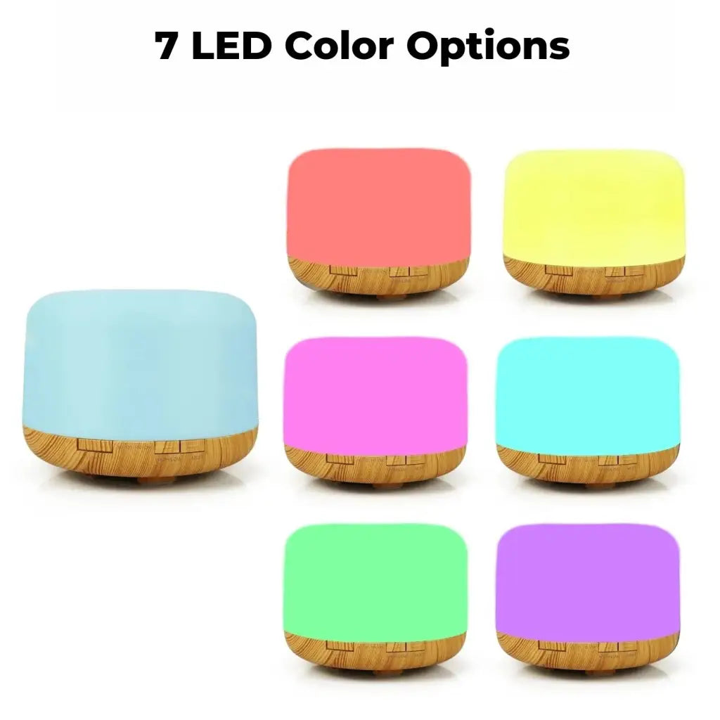 7 different coloured lights 5 in1 aroma diffusers on white background.