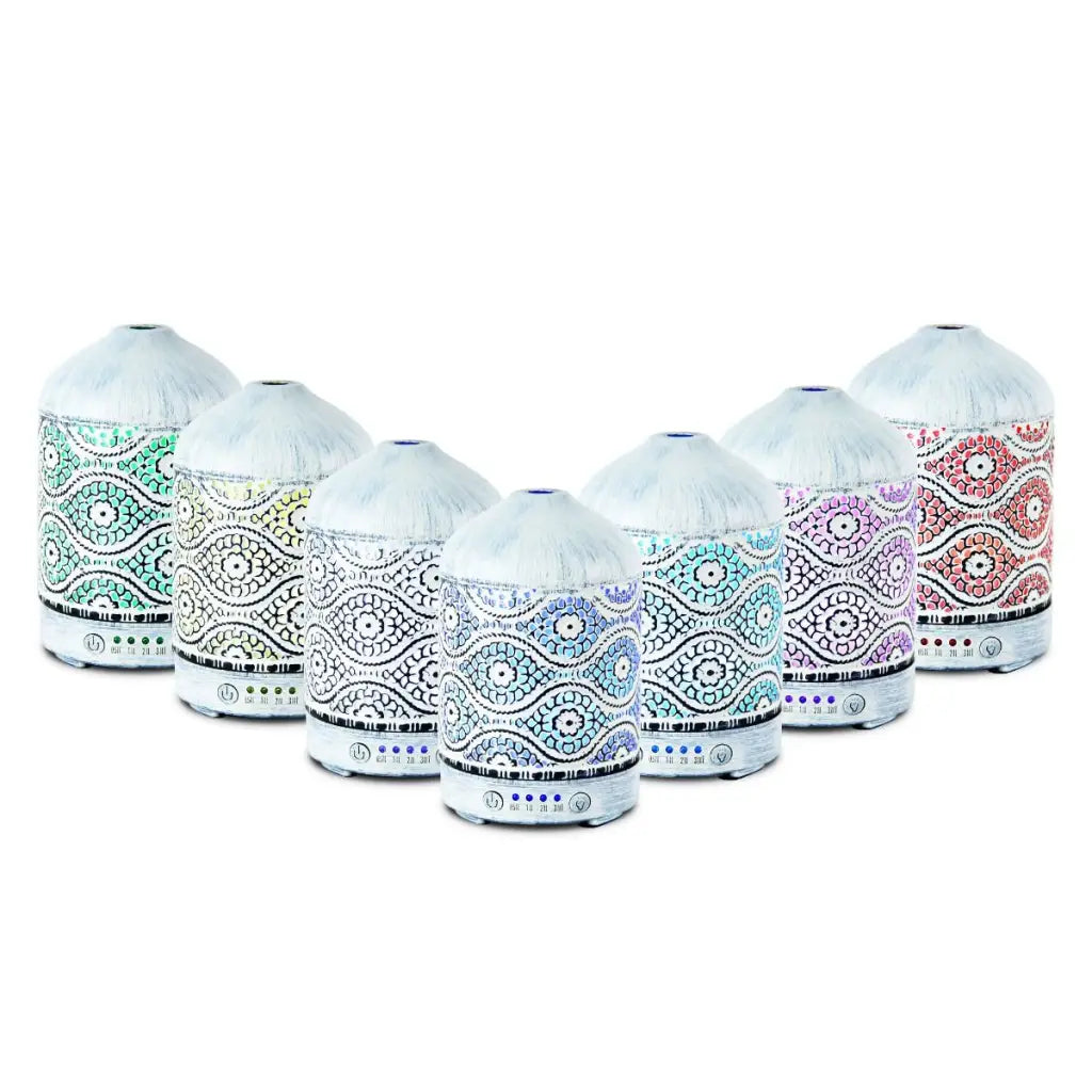 7 different led light colours of the activiva metal vintage white diffusers 100ml standing in v shape on white background.