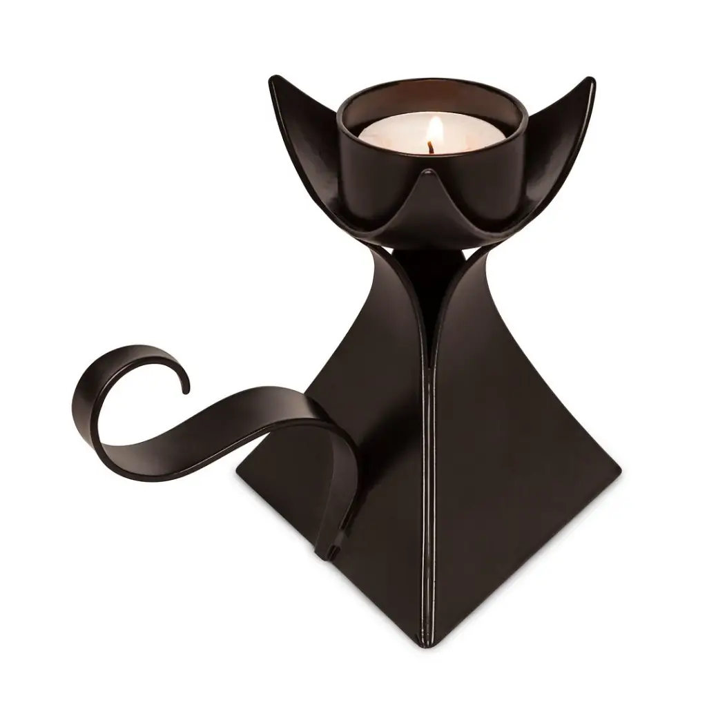 Black Cat Shape Metal Tea Light Candle Holder with Handle.