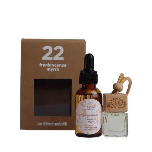 amber small bottle standing next to square glass refill bottle with brown packet box