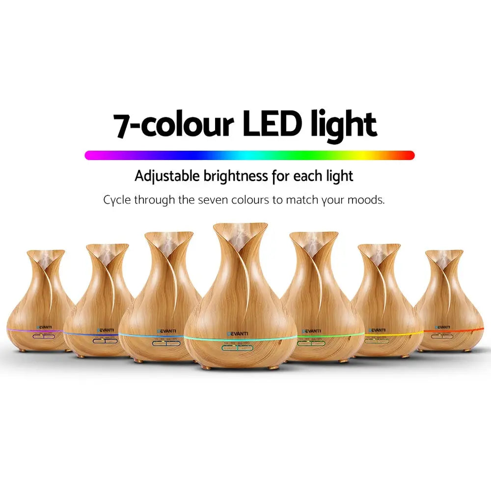 7 different coloured lights of devanti 4 in 1 diffusers on white background.