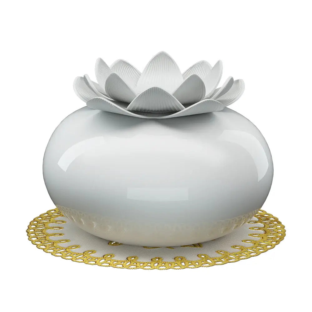 White Devanti Ceramic Lotus Diffuser with white background.