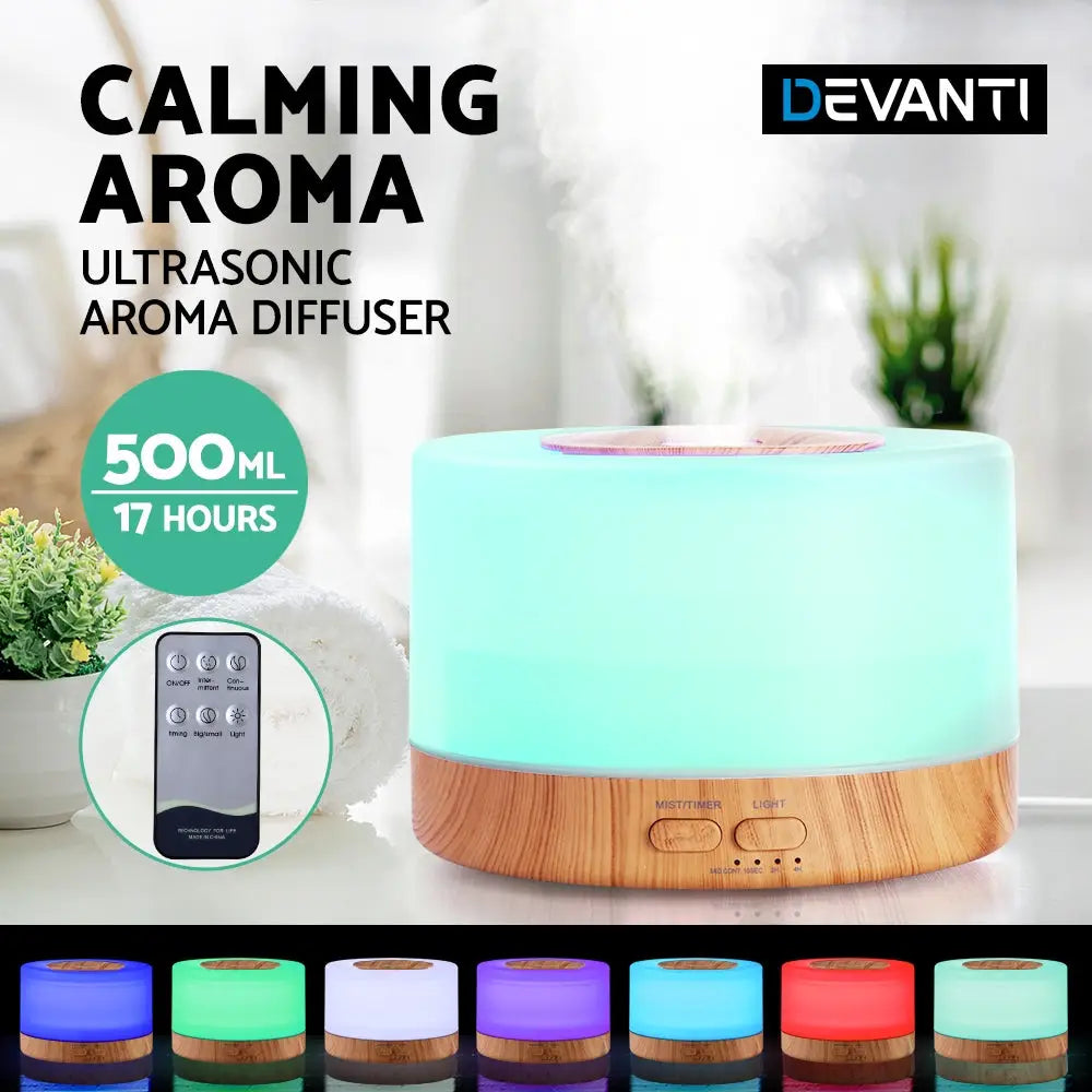 Devanti Neon Night Light Aroma Diffuser 500ml - Light Wood Grain