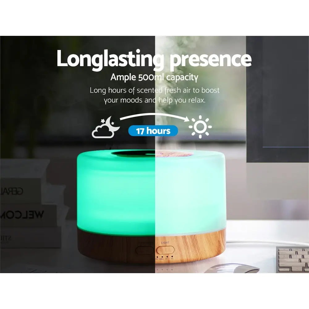 spilt image of devanti neon night light diffuser showing light and dark green led light.