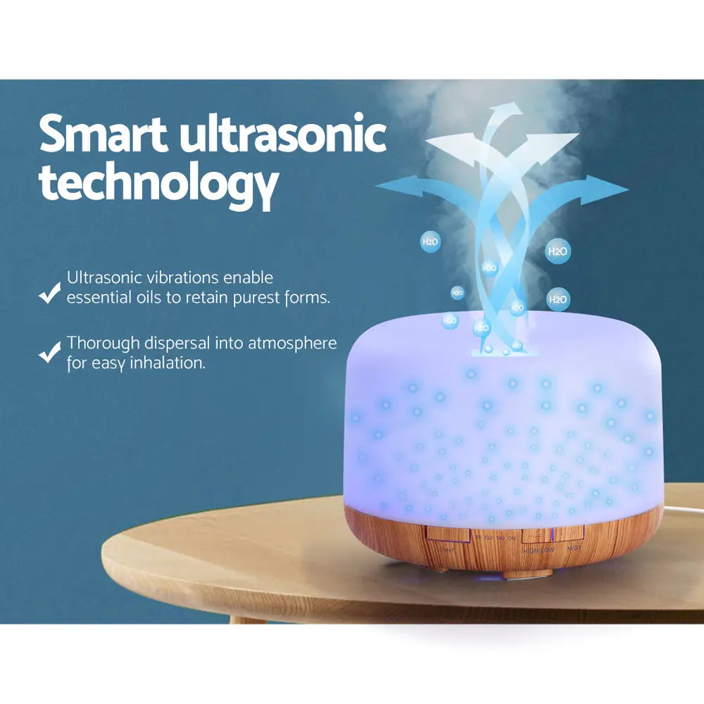white devanti round diffuser with light timber base showing different steam directions with arrows on timber table with blue background.