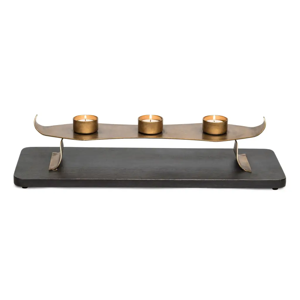 Black Wooden Base and 3 Gold Tea Light Metal Candle Holders.