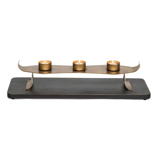 Black Wooden Base and 3 Gold Tea Light Metal Candle Holders.