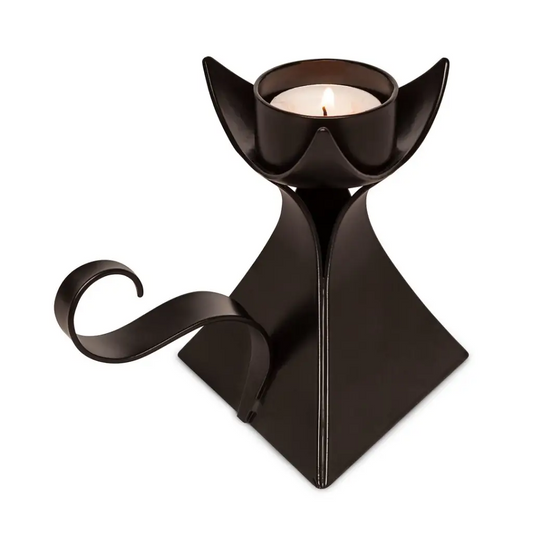Black Cat Shape Metal Tea Light Candle Holder with Handle.