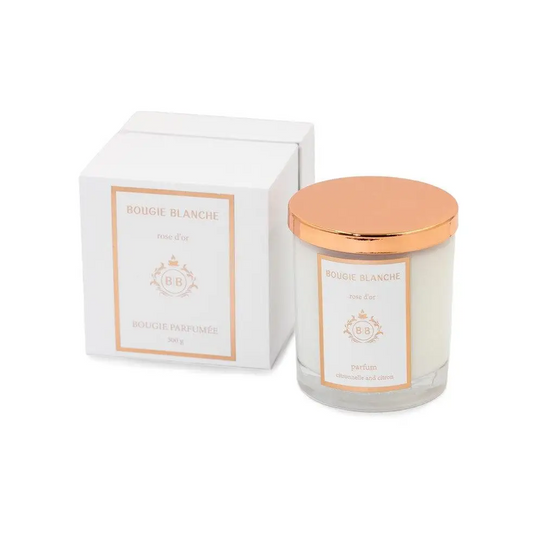 Bougie Blanche Rose D'or Candle White Jar with Rose Gold Lid and White Box.