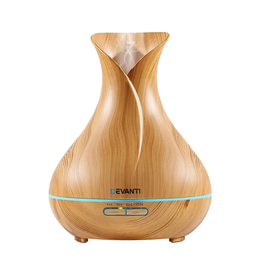 tulip top design light wood colour devanti 4 in 1 diffuser on white background.