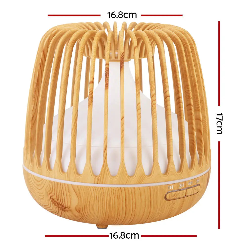 Devanti 4-In-1 Ultrasonic Light Wood Grain Diffuser Showing Measurements On White Background.