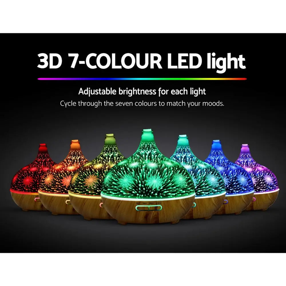 7 different nightlight led light colours of 7 devanti 3D firework diffusers in night setting on dark background.