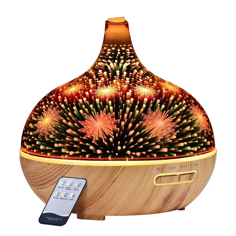 orange and black tones 3D firework nightlight with light timber base and remote control on white background.