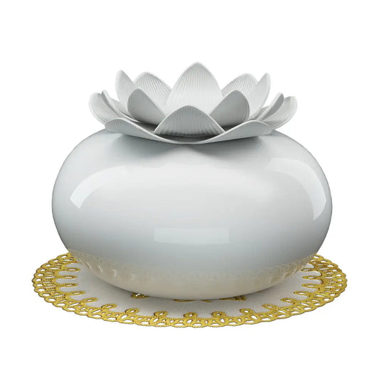 White Devanti Ceramic Lotus Diffuser with white background.