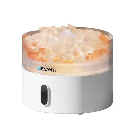 Devanti Crystal Air Humidifier with pink crystals and white base on white background.