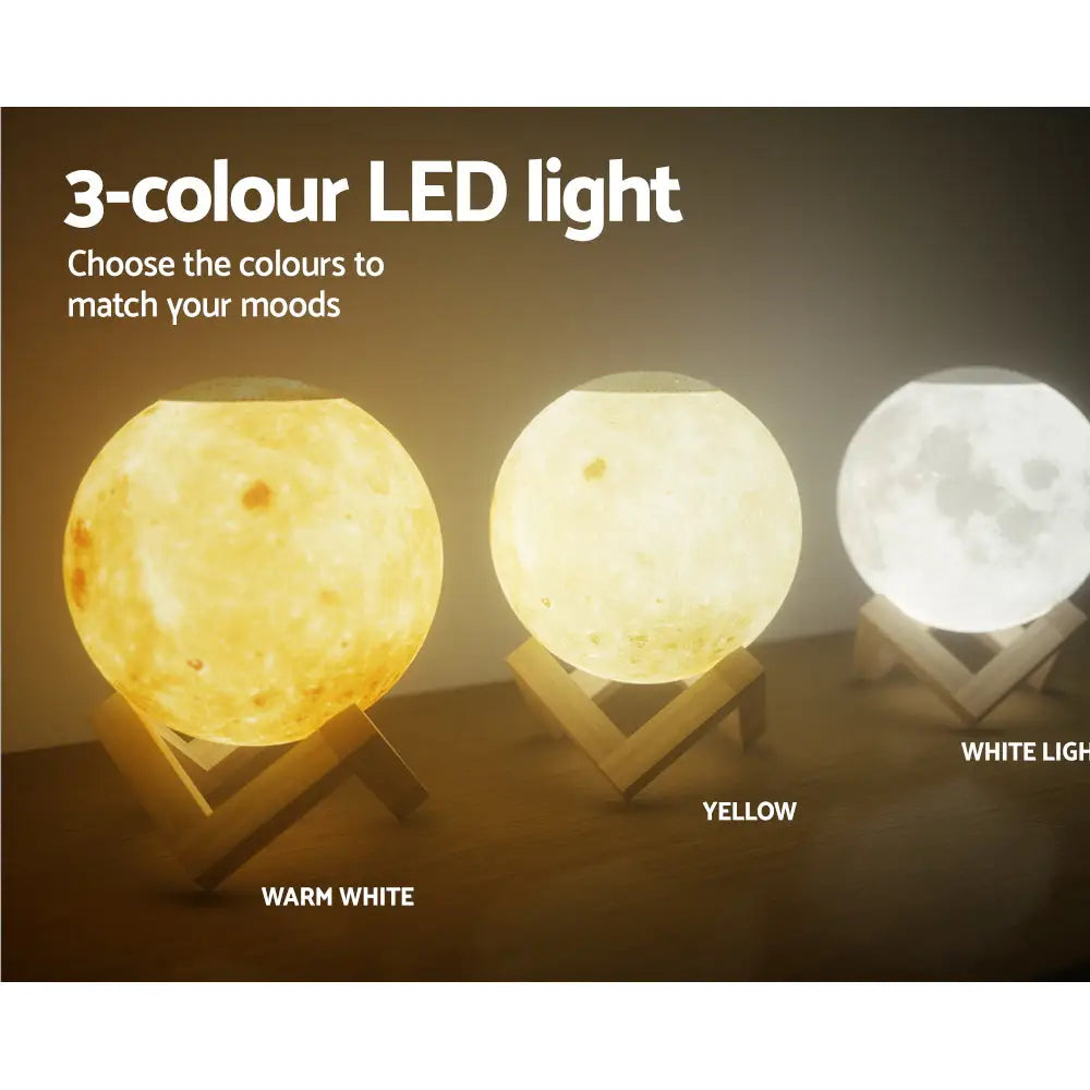 3 Devanti LED Moon Lamp Diffusers showing warm,white and yellow lights on timber stands with brown background.