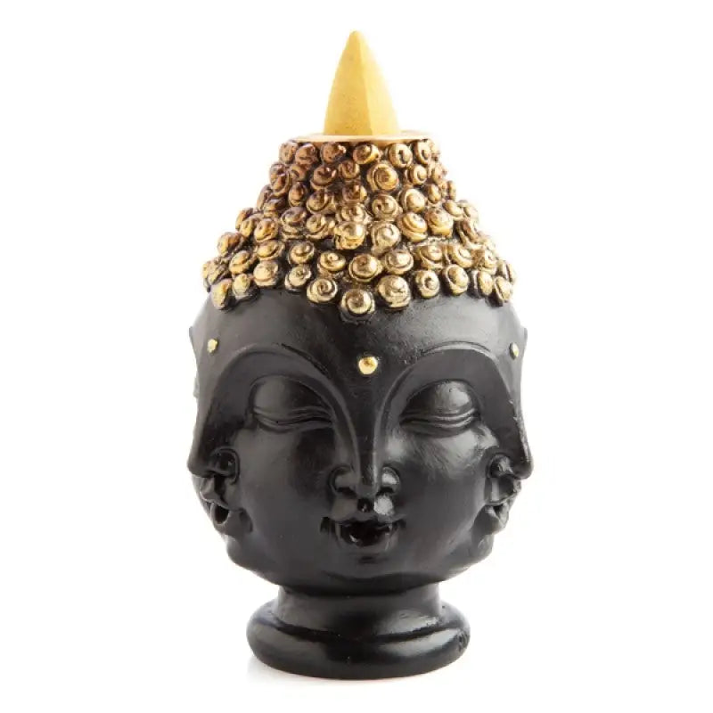 4 black faced Buddha with metallic gold hat Backflow Incense Burner