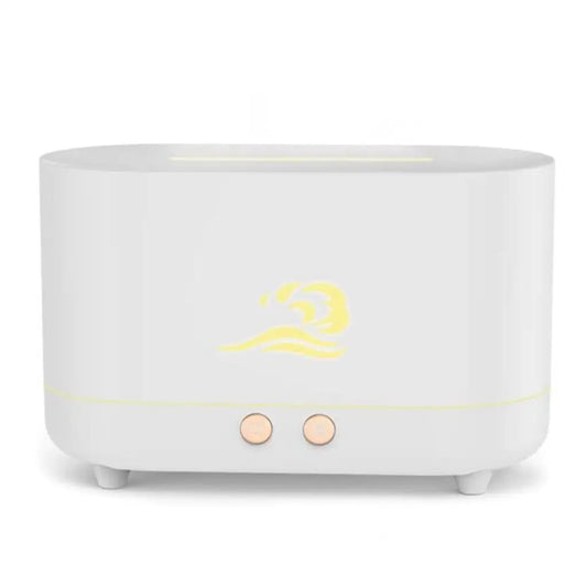 white flame humidifier with rose gold buttons on white background.