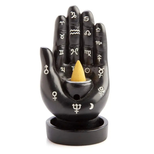 Black Hamsa Hand with cone hole in middle and white zodiac symbols on fingers Backflow Incense Burner