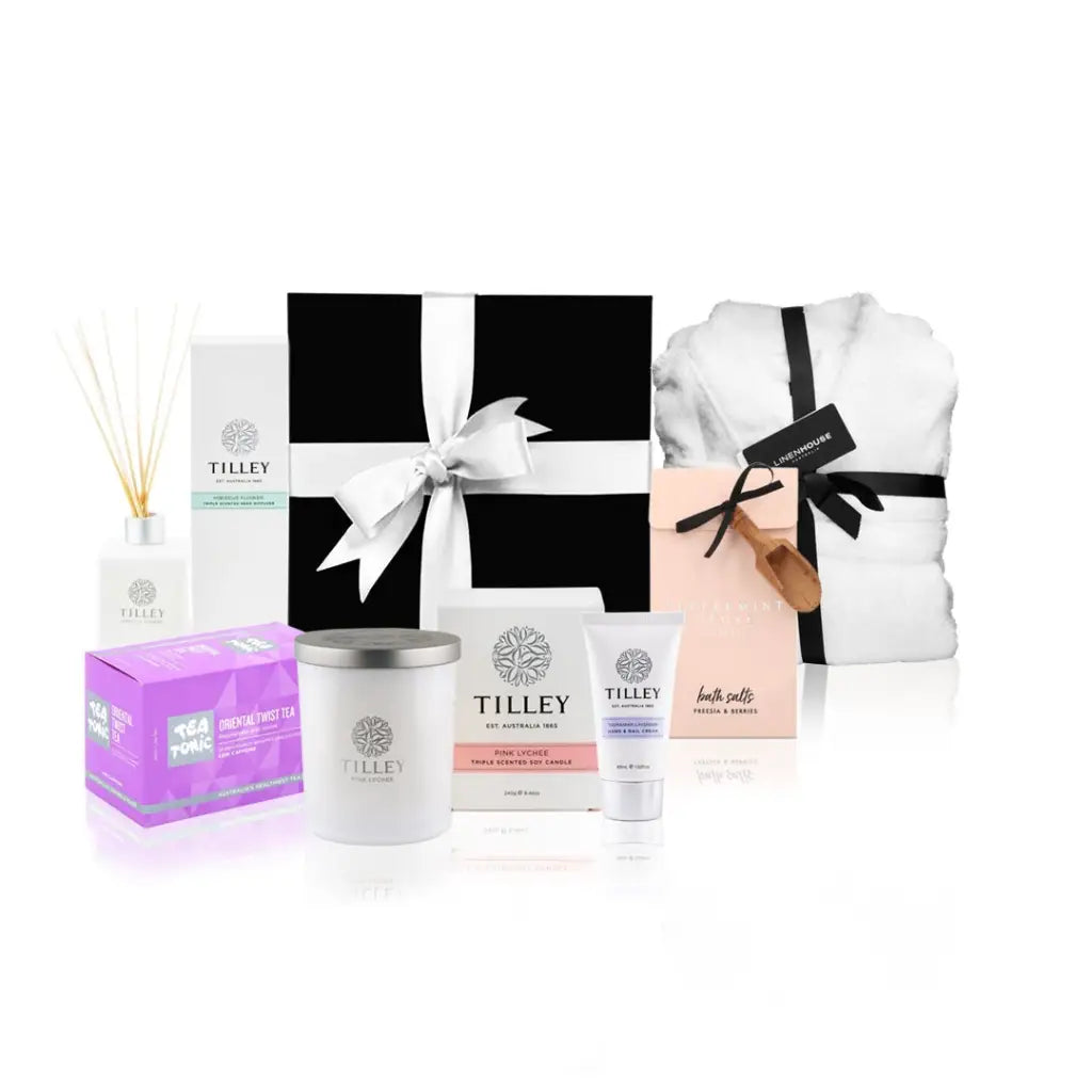 Tilley Reed Diffuser Tilley Soy Candle Tilley Hand & Nail Cream Peppermint Grove Bath Salts Tea Tonic Tea Bags  Linenhouse Micro Plush Robe .