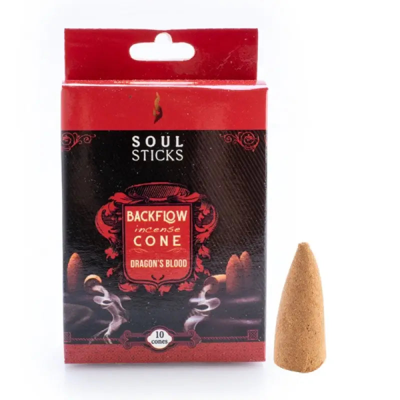 Backflow incense cone in scent dragon's blood in red box with singular incense cone next to it on white background