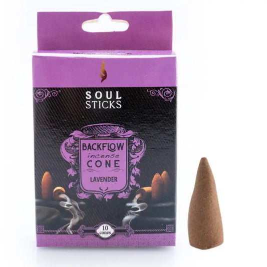 Backflow incense cone in scent lavender in purple box with singular cone next to it on white background