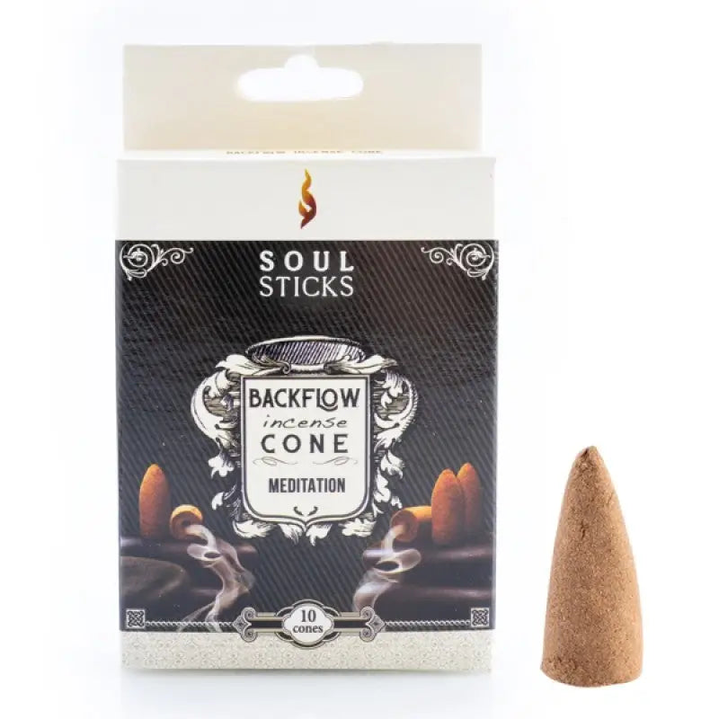 Backflow incense cone in scent labelled meditation in black box with singular cone next to it on white background