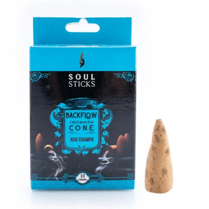 Backflow incense cone in scent nag champa in blue box with singular incense cone next to it on white background