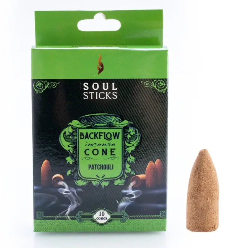 Backflow incense cone in scent patchouli in green box with singular incense cone next to it on white background