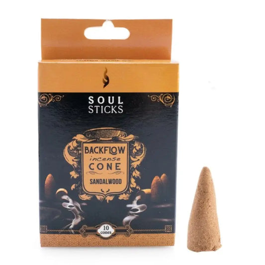 Backflow incense cone in scent sandalwood in orange box with singular incense cone next to it on white background