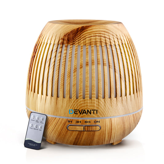 round wood grain look devanti humidifier 400ml with remote control on white background.